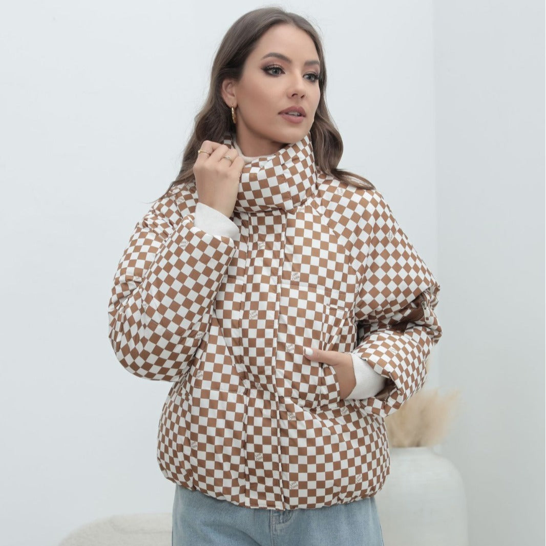 Damen Kurzgestepptes Karo-Winterjacke mit Stehkragen und Ärmeltasche Drune