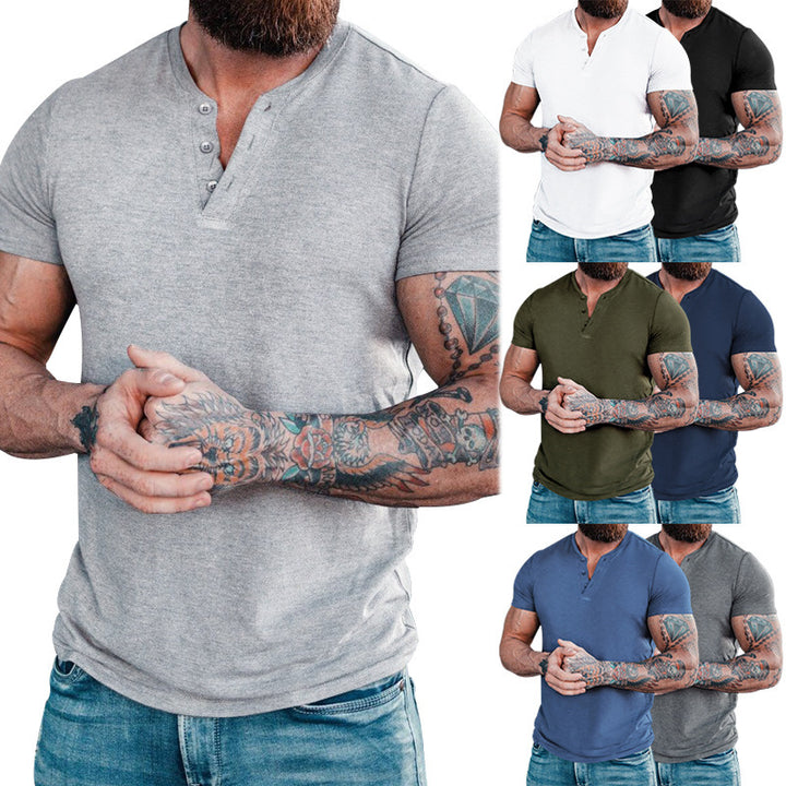 Herren nan muskelbetontes Kurzarmshirt mit Knopfleiste und V-Ausschnitt aus Baumwollstretch Drune
