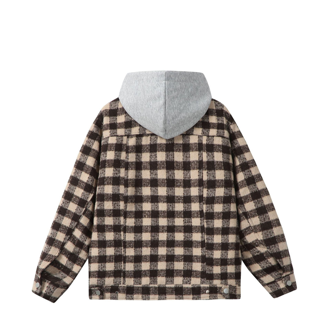 Damen Kurzblouson im Shacket‑Stil mit Karo‑Wolloptik und integrierter Sweatkapuze Drune