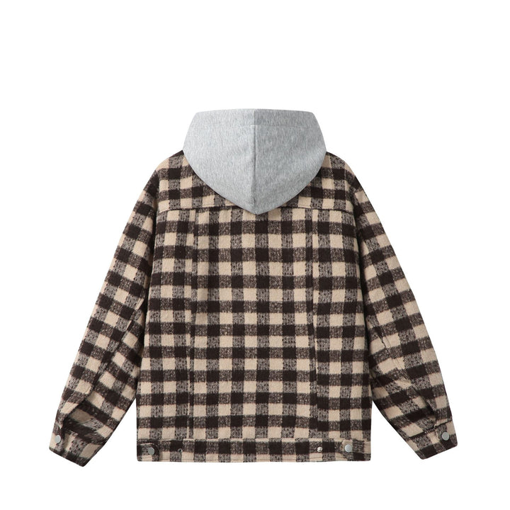 Damen Kurzblouson im Shacket‑Stil mit Karo‑Wolloptik und integrierter Sweatkapuze Drune