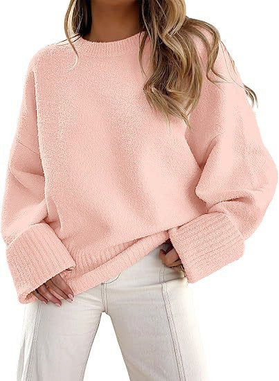 Damen Oversize Bouclé-Strickpullover mit überschnittener Schulter und breiten Bündchen Drune