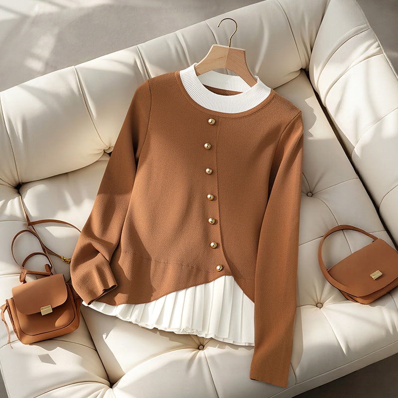 Damen Figurbetonte Strickbluse mit asymmetrischer Knopfleiste und plissiertem Einsatz Drune