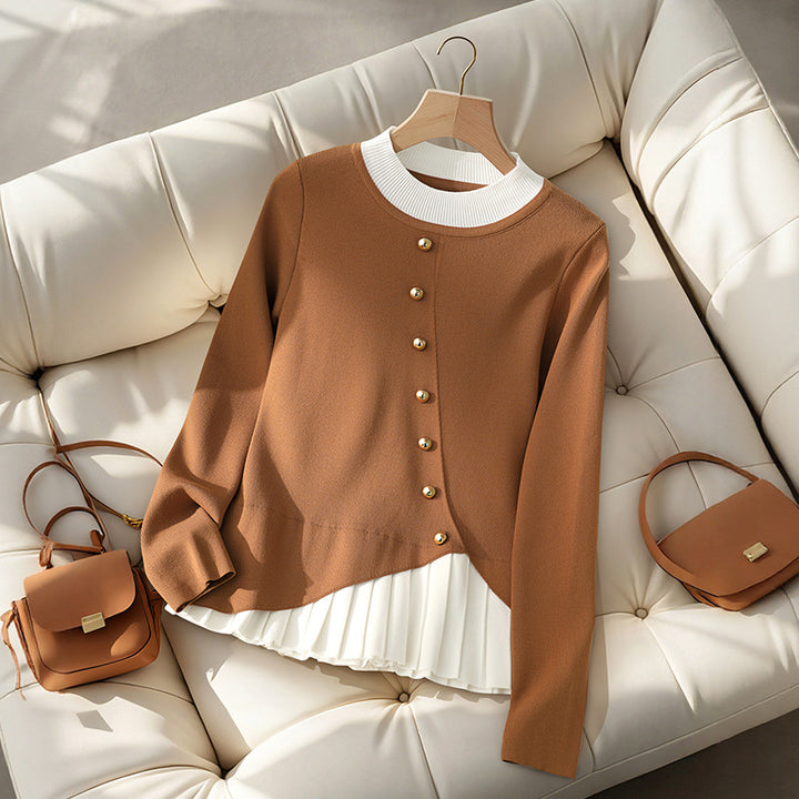 Damen Figurbetonte Strickbluse mit asymmetrischer Knopfleiste und plissiertem Einsatz Drune