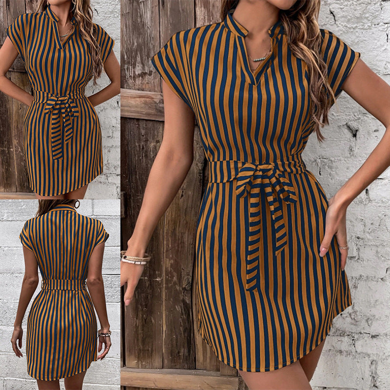 Damen Kurzarm Hemdkleid mit schmalem Taillengürtel Drune