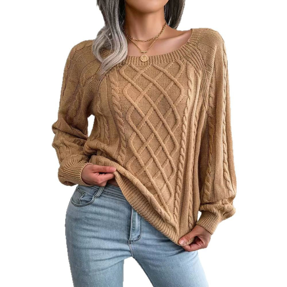 Damen Strickpullover mit tiefem Rundhalsausschnitt und strukturiertem Zopfmuster Drune
