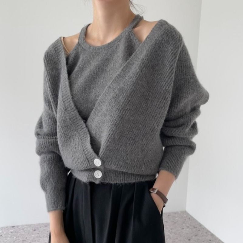 Damen raffinierte Strickjacke mit tiefem V-Ausschnitt und Knopfverschluss Drune