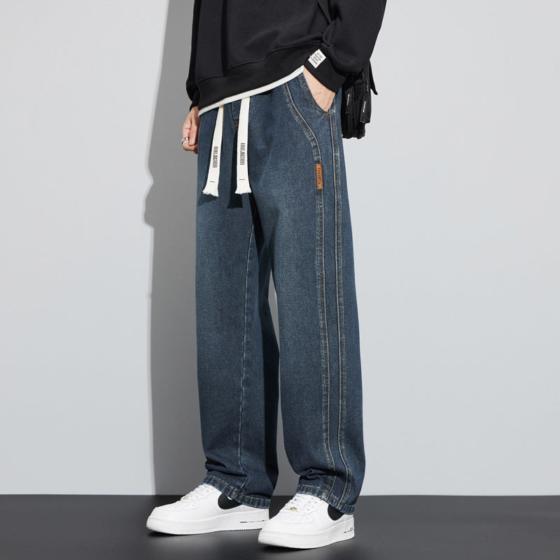 Herren Weite Denim-Hose im Lounge-Style mit Tunnelzugbund und geradem Bein Drune