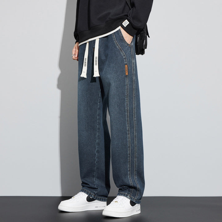 Herren Weite Denim-Hose im Lounge-Style mit Tunnelzugbund und geradem Bein Drune