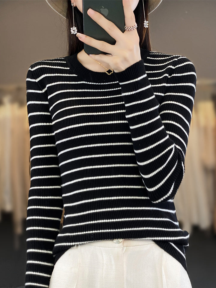 Damen Schmal geschnittener Feinstrick-Pullover mit dezenter Streifenstruktur und Rundhals Drune