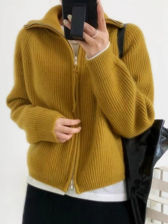 Damen Oversize-Strickjacke mit Reißverschluss, Stehkragen und gerippter Struktur Drune
