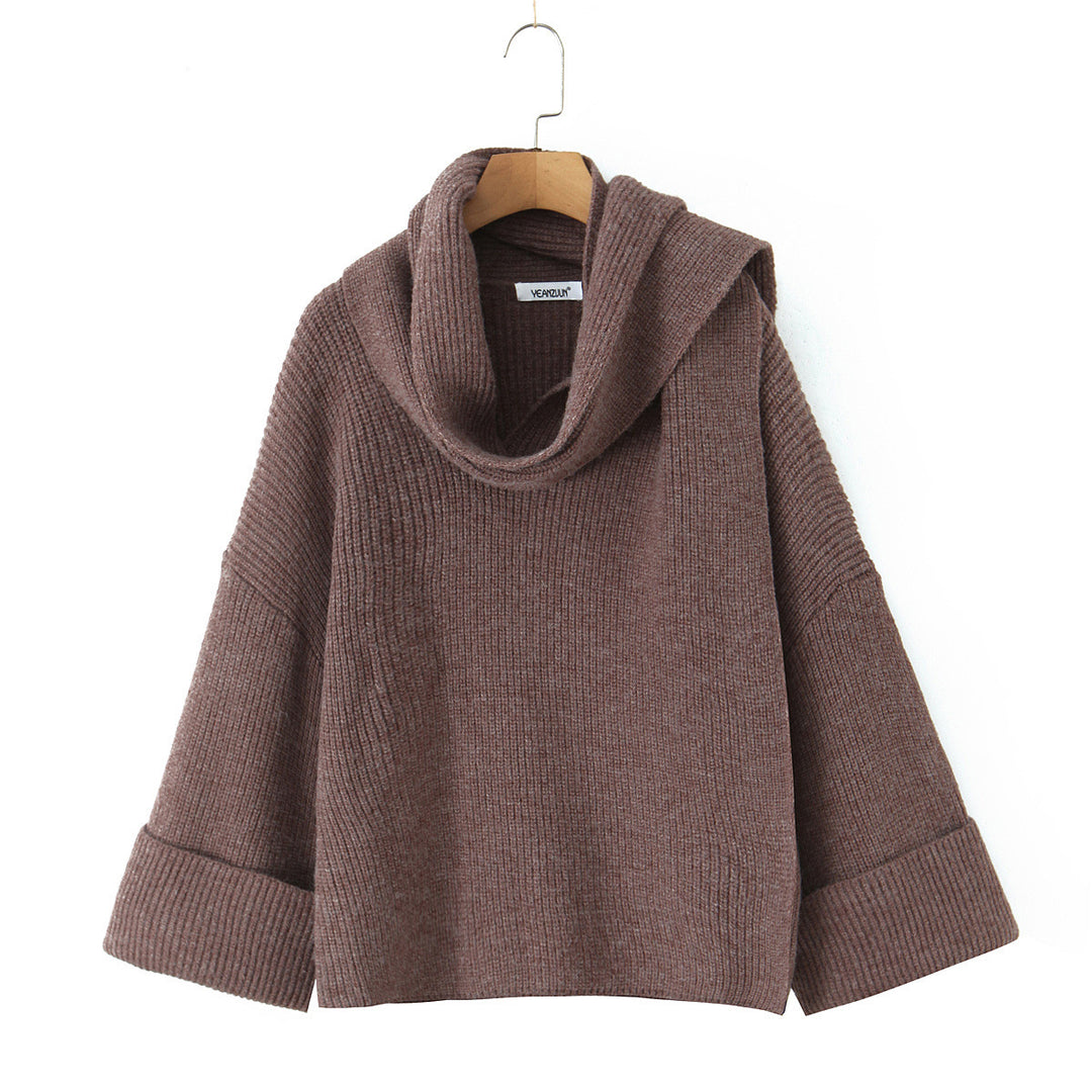 Damen Boxy-Cropped Grobstrick-Pullover mit voluminösem Schalkragen Drune