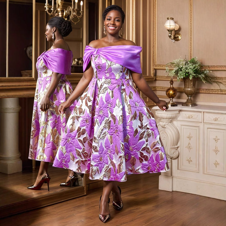 Damen Elegantes Abendkleid mit schulterfreier Applikation und floralen Motiven Drune