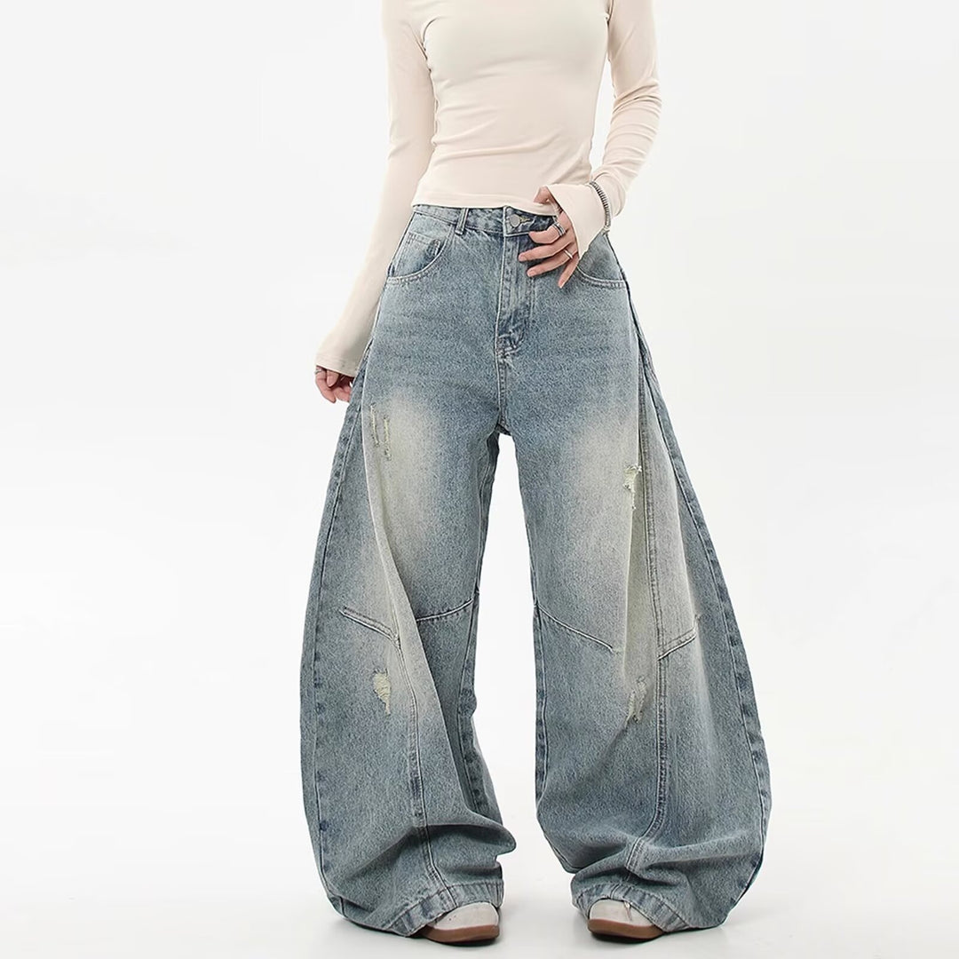 Damen Weitgeschnittene Denim-Hose mit Rissen Drune