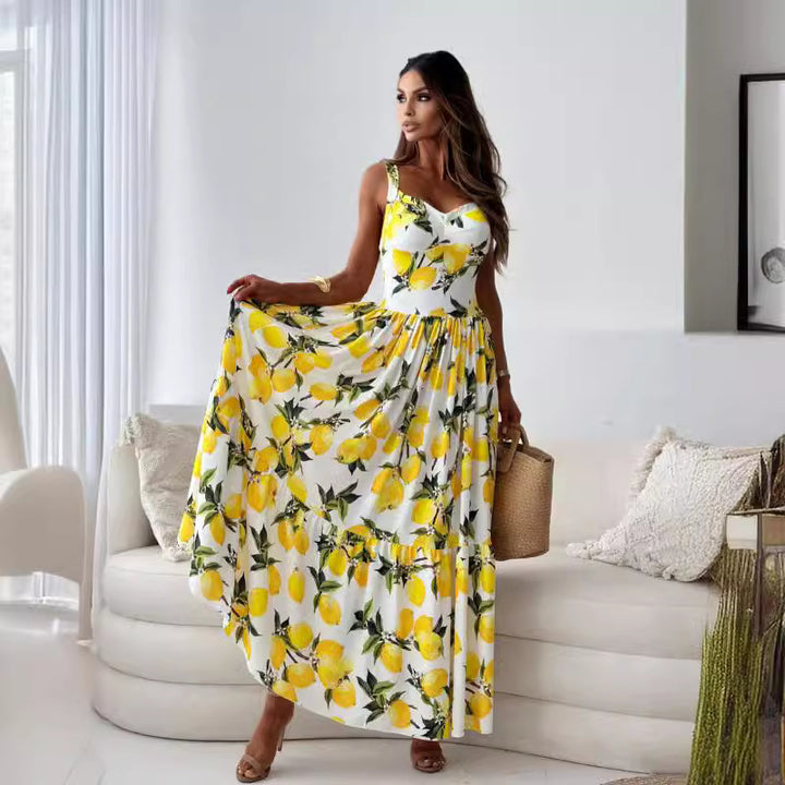 Damen Zitronenprint Hoch-Split Maxi-Kleid Drune