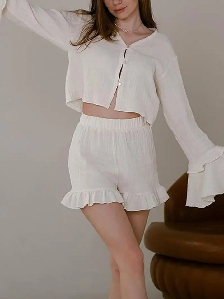 Damen Zweiteiliges Crinkle-Lounge-Set mit Volant-Shorts und gestuften Trompetenärmeln Drune