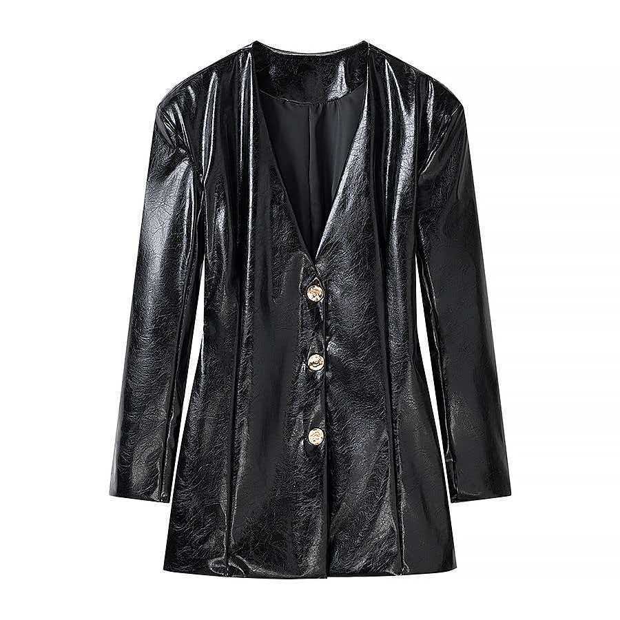 Damen Langer Lackleder-Blazer mit taillierter Silhouette, tiefem V‑Ausschnitt und Zierknöpfen Drune