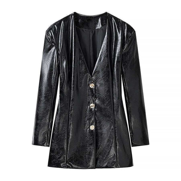 Damen Langer Lackleder-Blazer mit taillierter Silhouette, tiefem V‑Ausschnitt und Zierknöpfen Drune