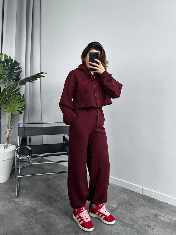 Damen Cropped Kapuzenpullover und hohe Taille Wide-Leg Jogginghose Set Drune