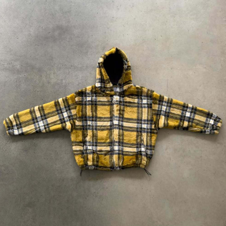 Unisex nan gefütterte Plaid-Fleece-Bomberjacke mit Kapuze Kordelzug und Reißverschlusstaschen Drune