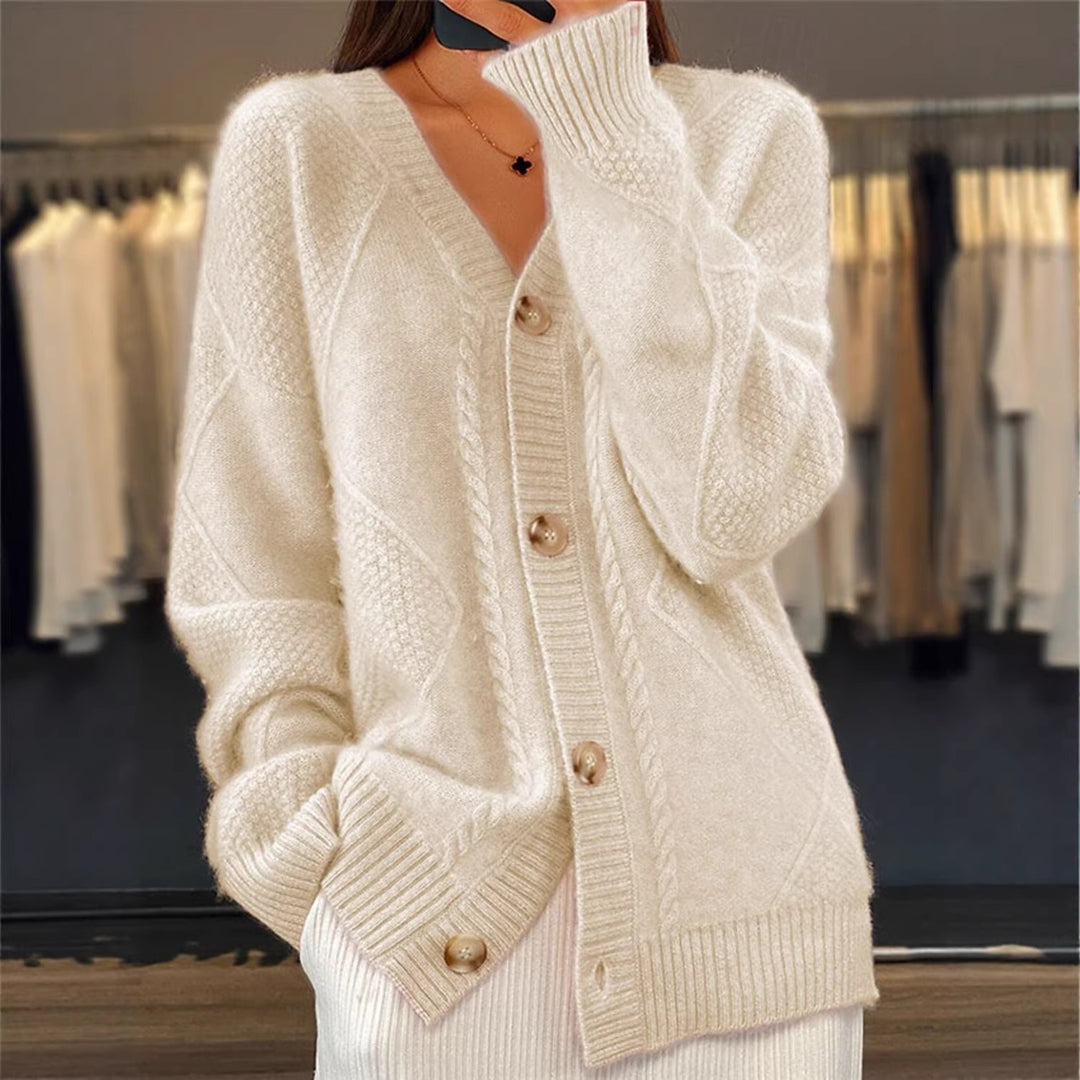 Damen nan Oversize Strickcardigan mit Zopfmuster V-Ausschnitt und Perlmuttknöpfen Drune