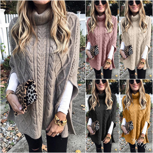 Damen nan kastiger Strickponcho mit hohem Rollkragen, Zopfstruktur und seitlichen Schlitzen Drune