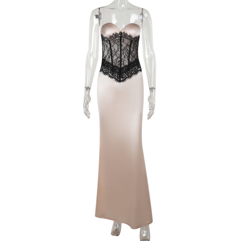 Damen elegantes Korsett-Maxikleid mit Spitzenoberteil Drune