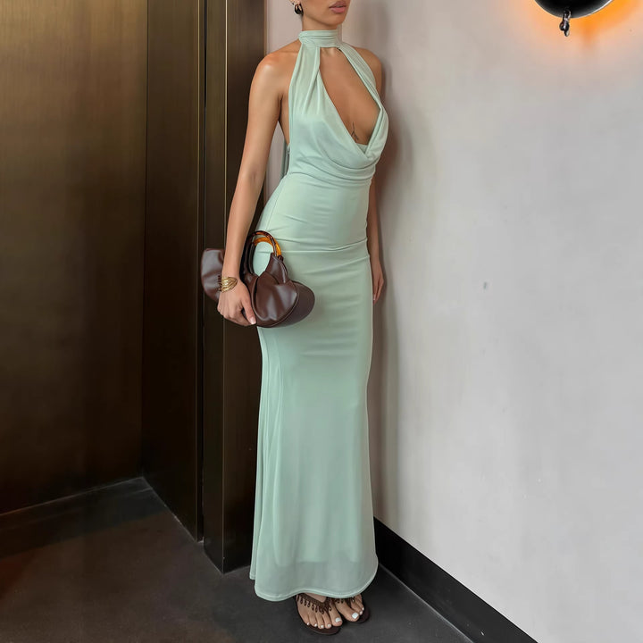 Damen elegantes Maxikleid mit tiefem V-Ausschnitt und schimmerndem Oberteil Drune