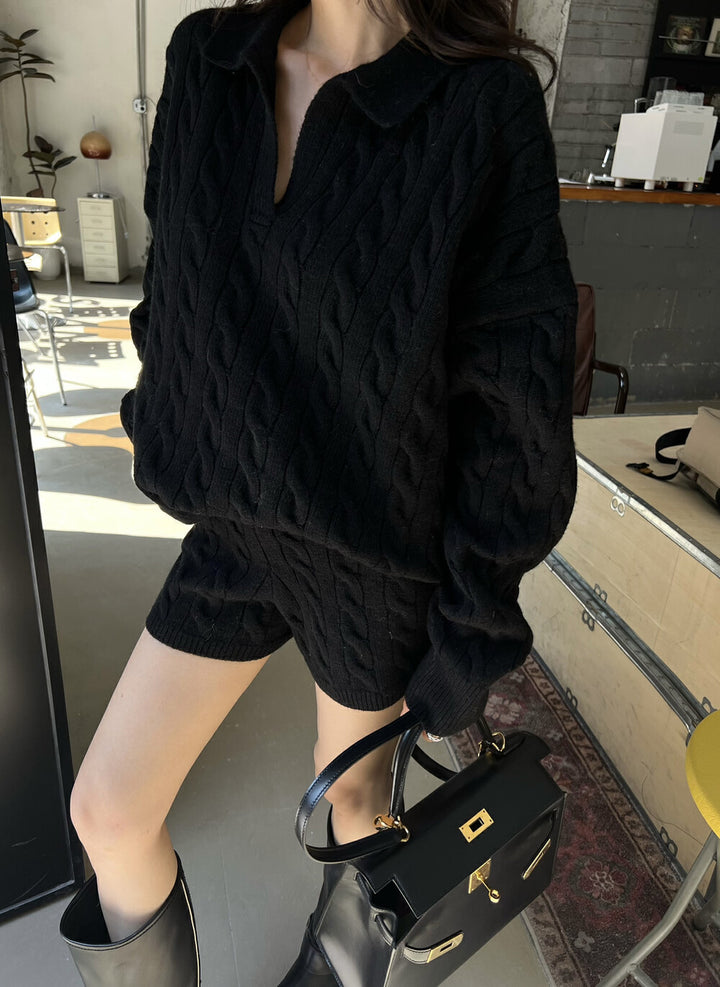 Damen Strickpullover mit modischem Zopfmuster und tiefem V-Ausschnitt Drune