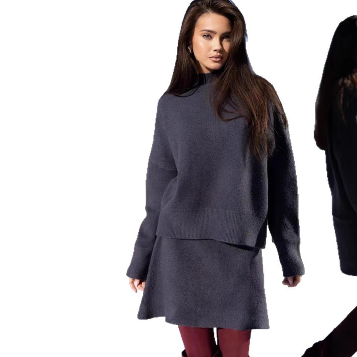 Damen kuscheliges Strickensemble mit hochgeschlossenem Design und ausgestelltem Rock Drune