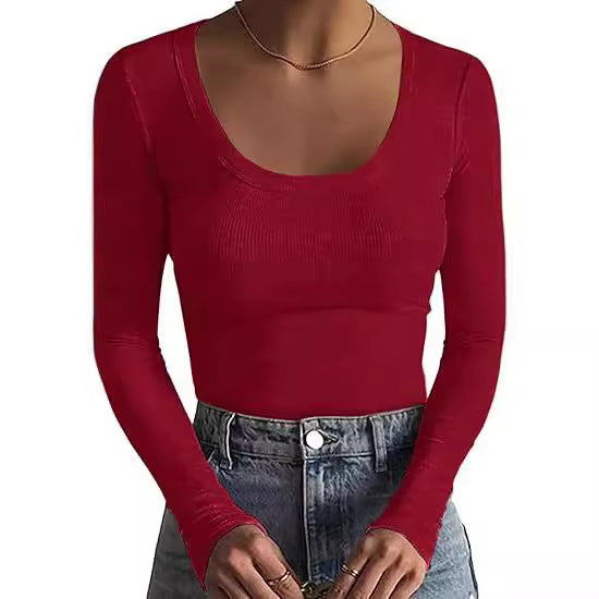 Damen Schmal geschnittenes Langarm-Feinstricktop mit weitem U-Ausschnitt Drune