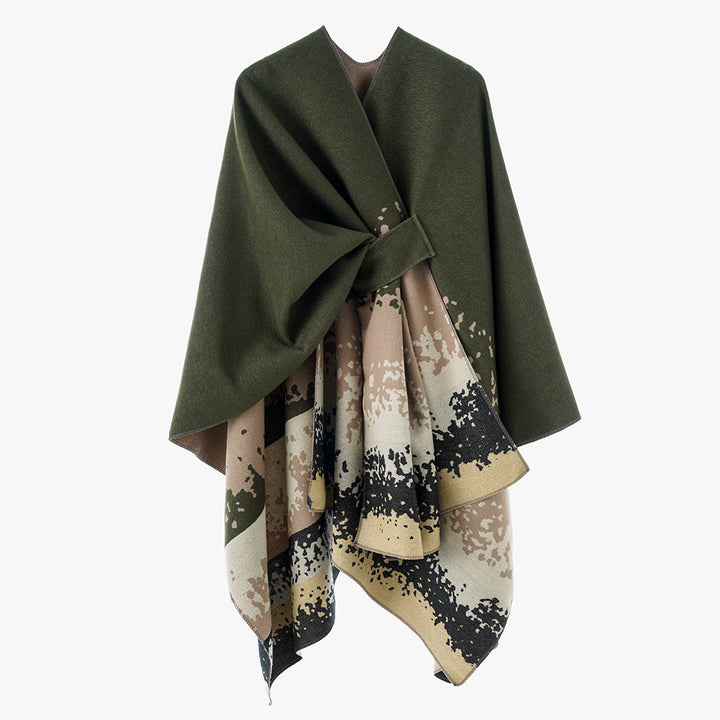 Damen Reversibler Wollmix-Capeponcho mit Bindegürtel und abstraktem Farbverlauf Drune