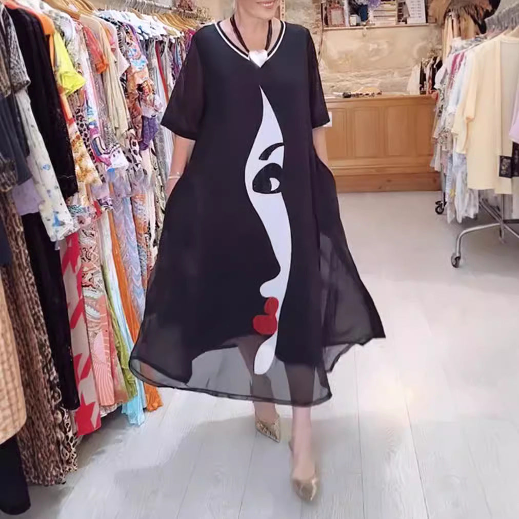 Damen nan luftiges Chiffon-Maxikleid mit grafischem Gesichtsprint, V-Ausschnitt und seitlichen Eingrifftaschen Drune
