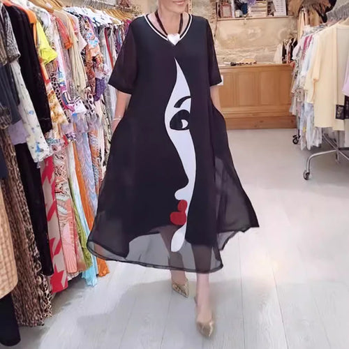 Damen nan luftiges Chiffon-Maxikleid mit grafischem Gesichtsprint, V-Ausschnitt und seitlichen Eingrifftaschen Drune