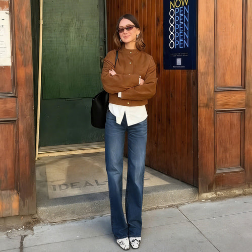 Damen Kurzjacke aus Wildlederoptik mit Stehkragen und Druckknöpfen Drune
