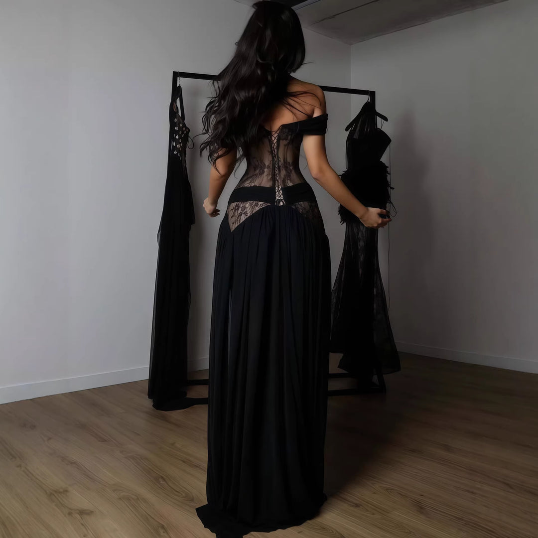 Damen Elegantes Spitzenkleid mit tiefem Schlitz und trägerlosem Schnitt Drune
