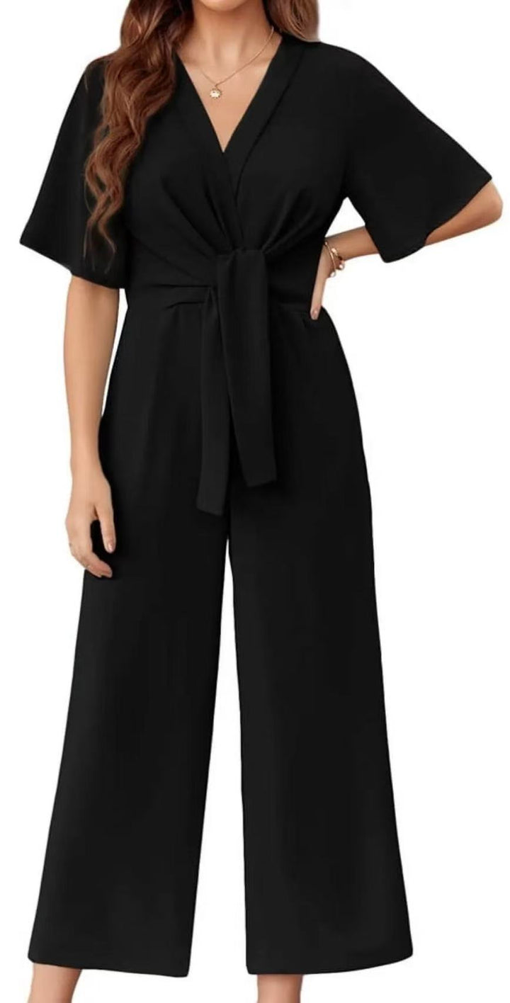 Damen eleganter Wickel-Jumpsuit mit weiten Beinen und Taillengürtel Drune