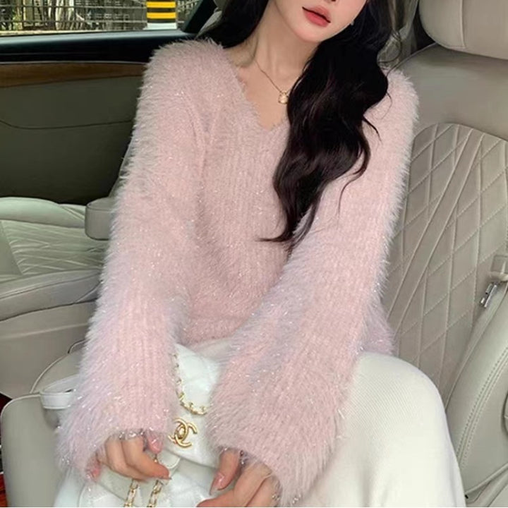 Damen Flauschiger V-Ausschnitt Pullover mit langem Arm und Glitzerfäden Drune