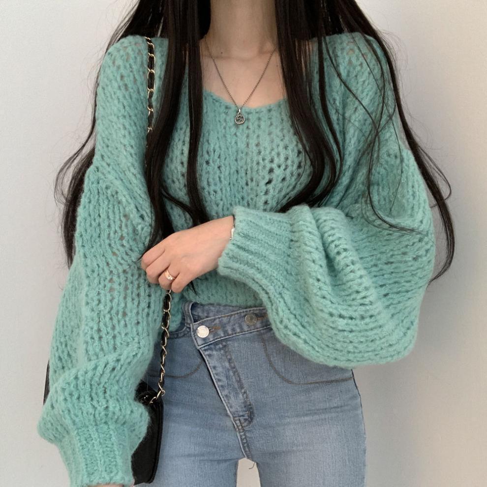 Damen lässiger Strickpullover mit voluminösen Puffärmeln und offener Strickstruktur Drune