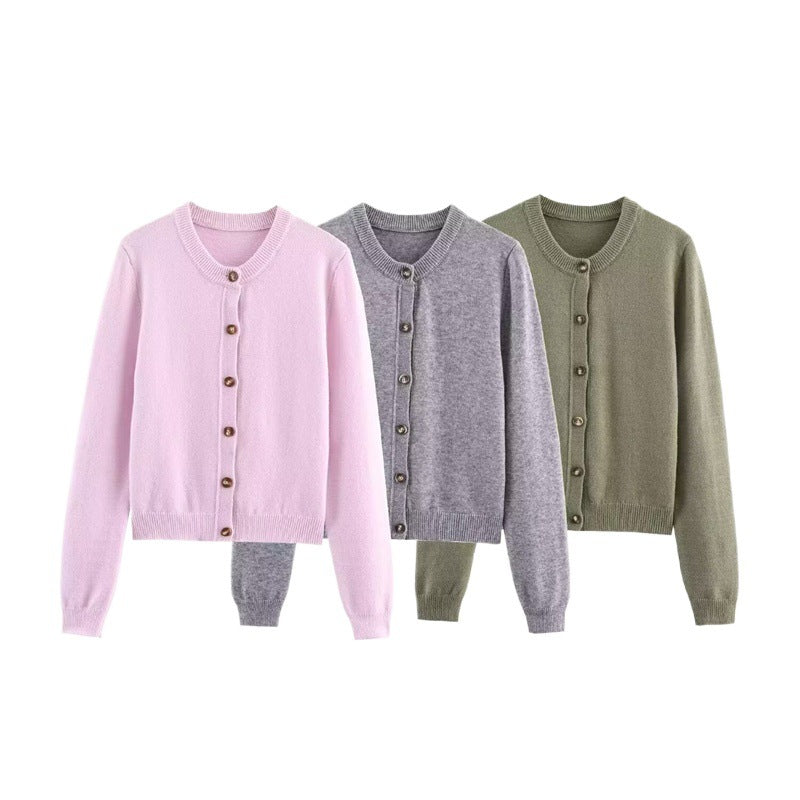 Damen modische Strickjacke mit Rundhalsausschnitt und Knopfdetails Drune