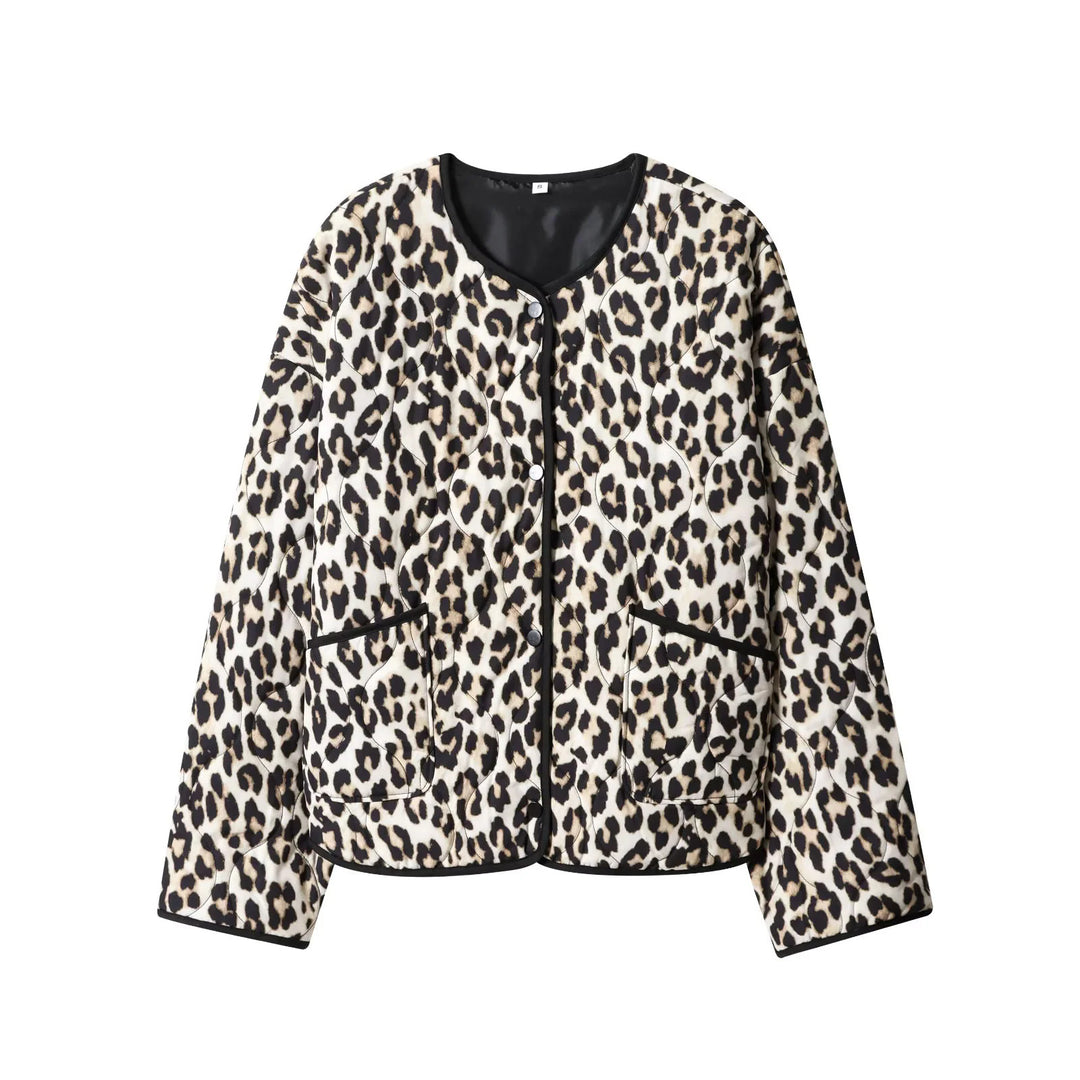 Damen nan gesteppte Kurzjacke mit animalischem Print, Rundhalsausschnitt und Druckknopfleiste Drune