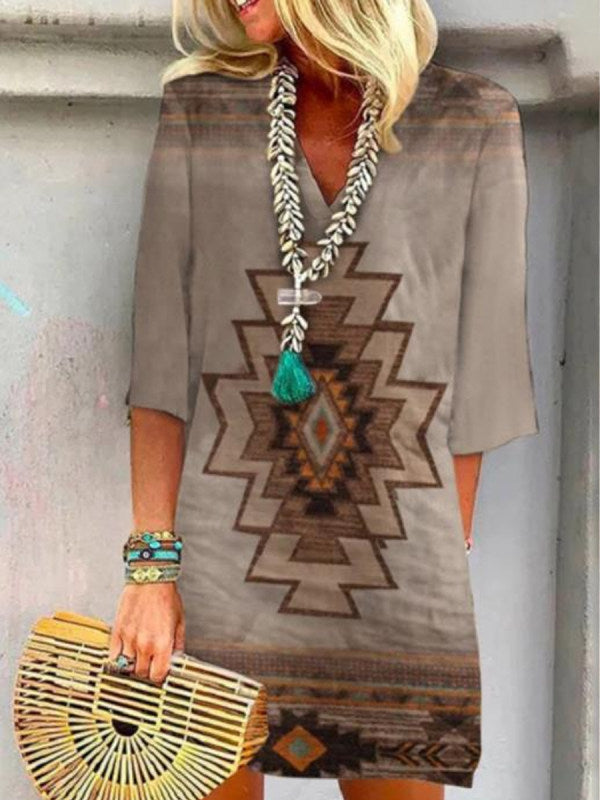 Damen Boho Tunika Kleid mit V-Ausschnitt, 3/4 Ärmeln und geometrischem ethnischem Druck Drune