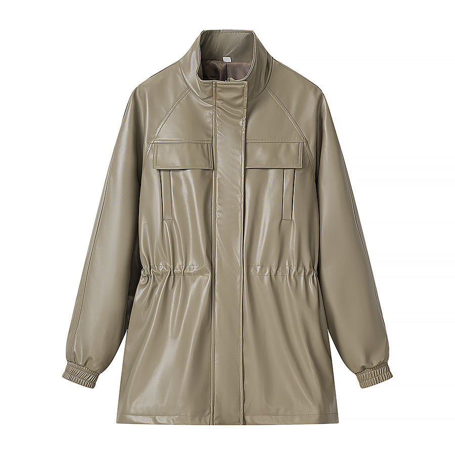 Damen Kunstleder-Parka mit Tunnelzugtaillen, Stehkragen und Pattentaschen Drune