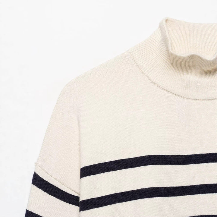 Damen Gestreifter Feinstrick-Pullover mit Halbreißverschluss und Stehkragen Drune