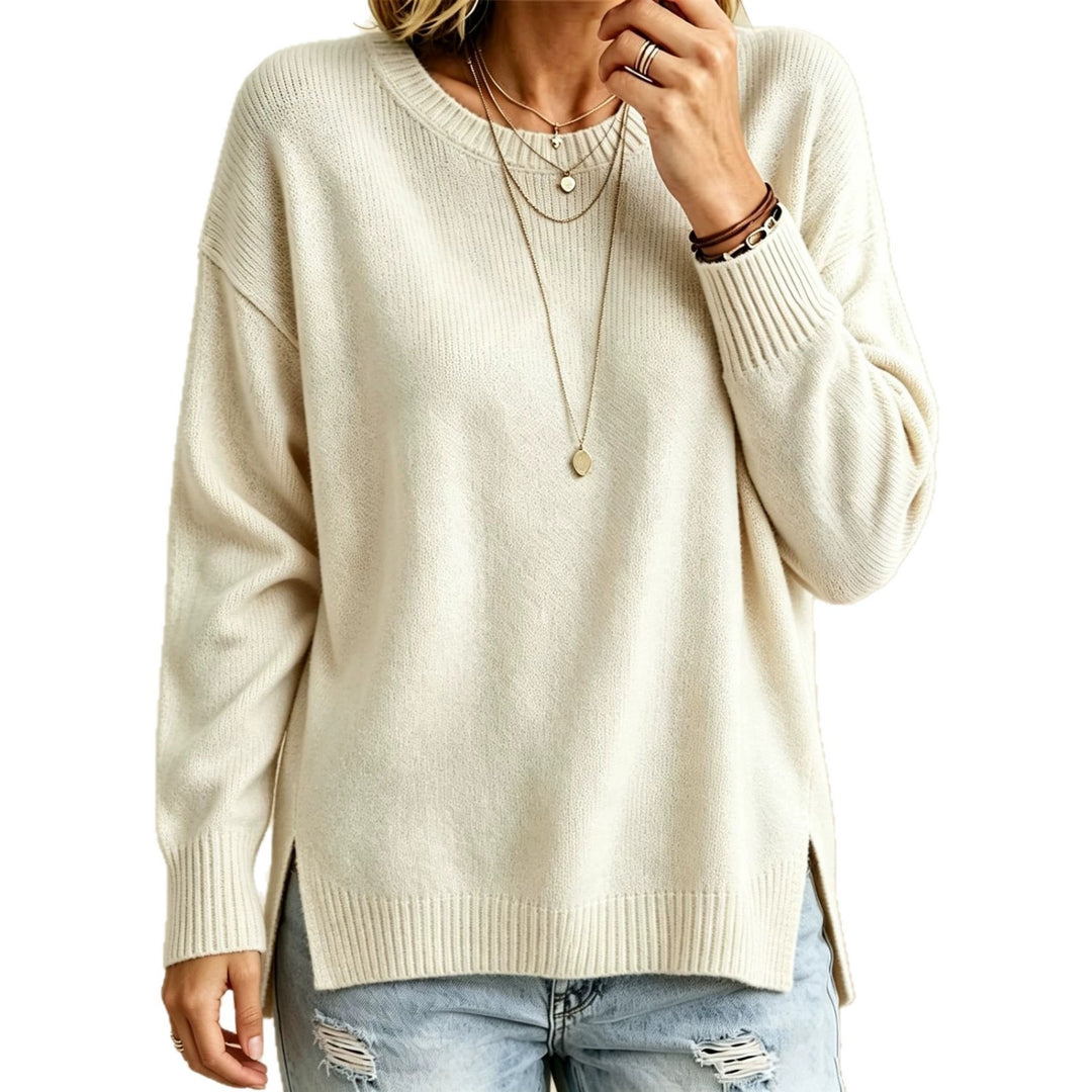 Damen Locker geschnittener Rundhals-Feinstrickpullover mit Seitenschlitzen und gerippten Bündchen Drune
