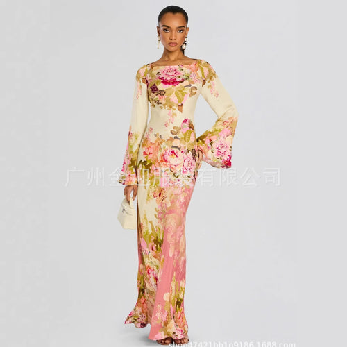 Frauen langen Abendkleid mit Trompetenärmeln und floralem Muster Drune