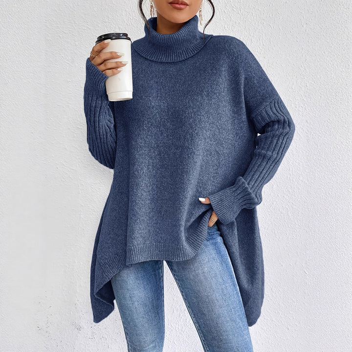 Damen nan Oversize Strickpullover mit hohem Rollkragen, gerippten Ärmeln und asymmetrischem Saum Drune
