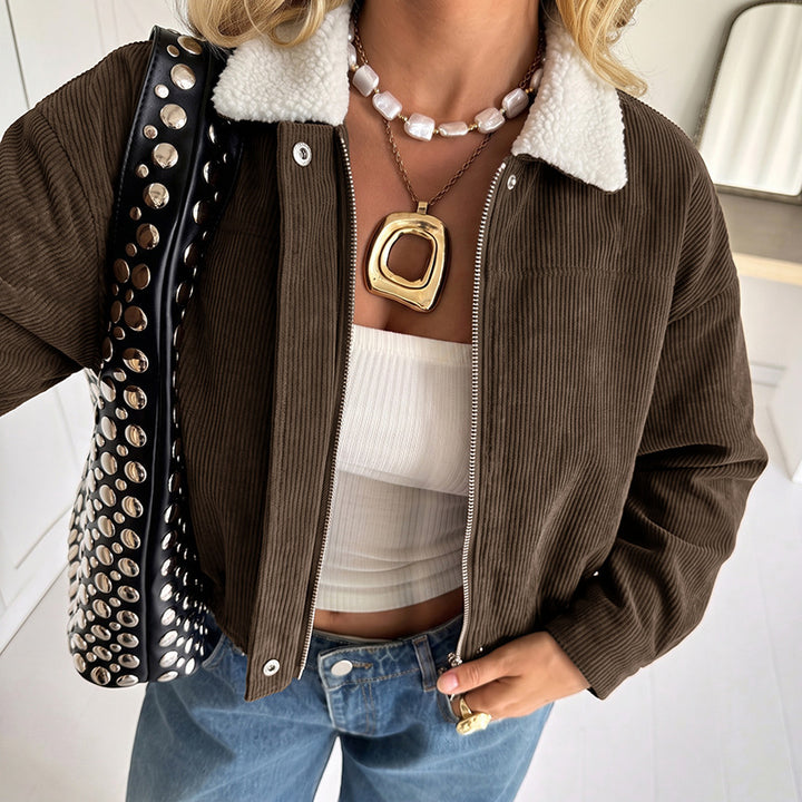 Damen Modische Cordjacke mit Fleecekragen Drune