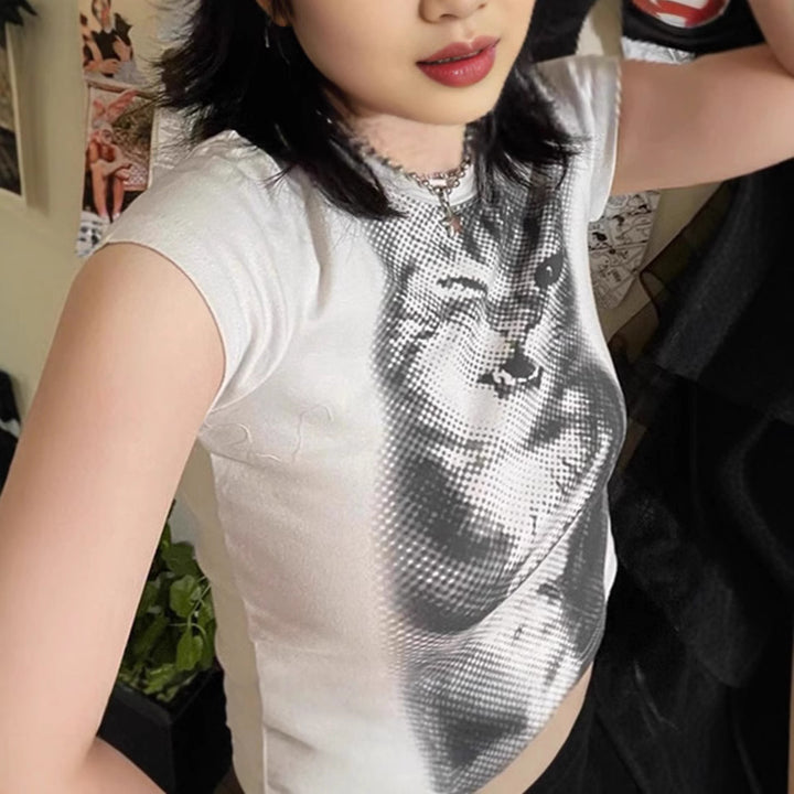 Damen Crop-T-Shirt mit kreativem Katzenmotiv Drune