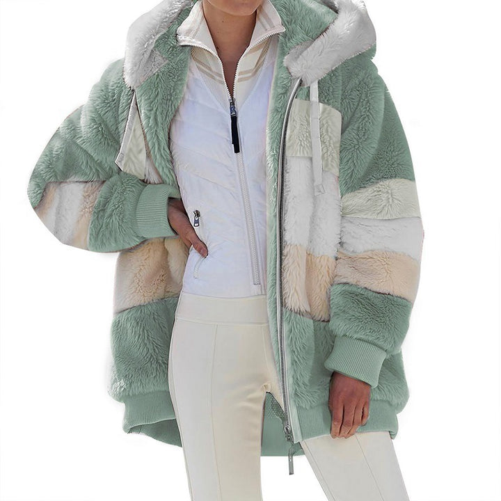 Damen nan kuschelige Oversize Kunstpelzjacke mit Kapuze, Blockstreifen und Rippbündchen Drune