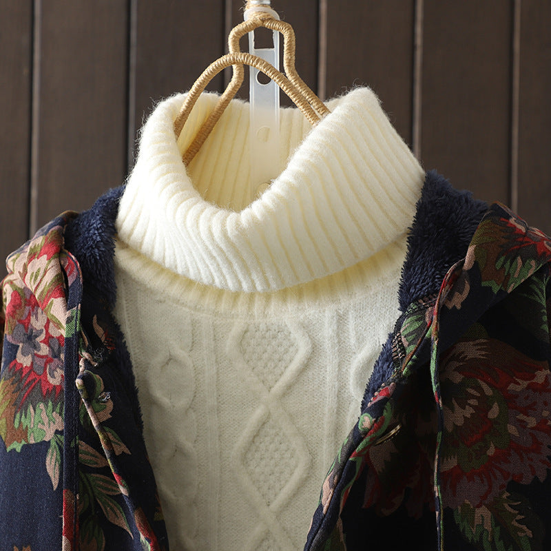 Drune | Langer Mantel im Vintage-Stil mit Blumendruck